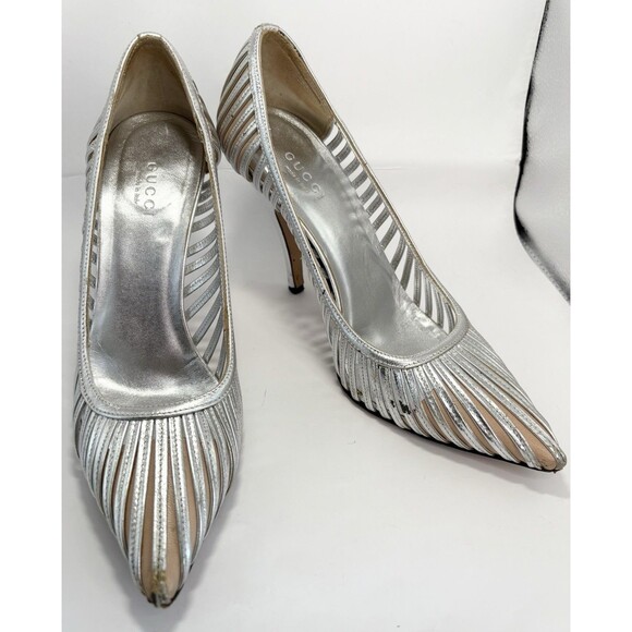 Gucci Silver Leather Heels Laser Cut Stripe Metallic Y2K Vintage Sz EU 36.5C 6.5 - Picture 3 of 10